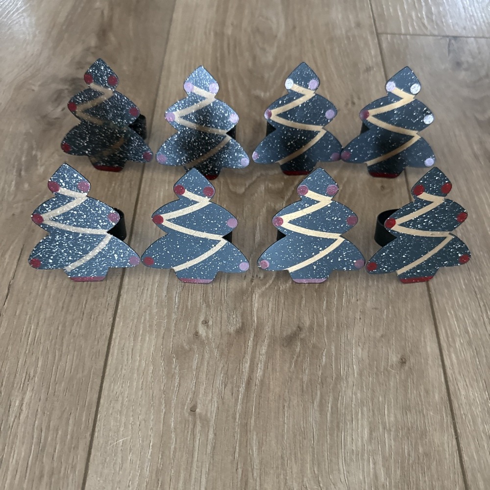 Set of 8 Green,‎ Red & Gold Metal Christmas Tree Napkin Rings Made in Taiwan
